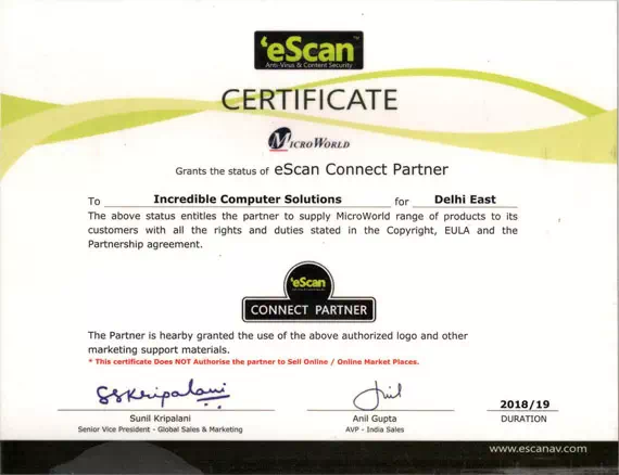 eScan Anti Virus Connect Partner Certificate